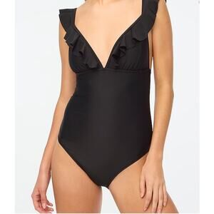 J.CREW Factory Women Swimwear One-Piece Ruffle-Shoulder V-Neck Sz S NWT Black